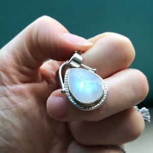 Rainbow moonstone teardrop silver necklace